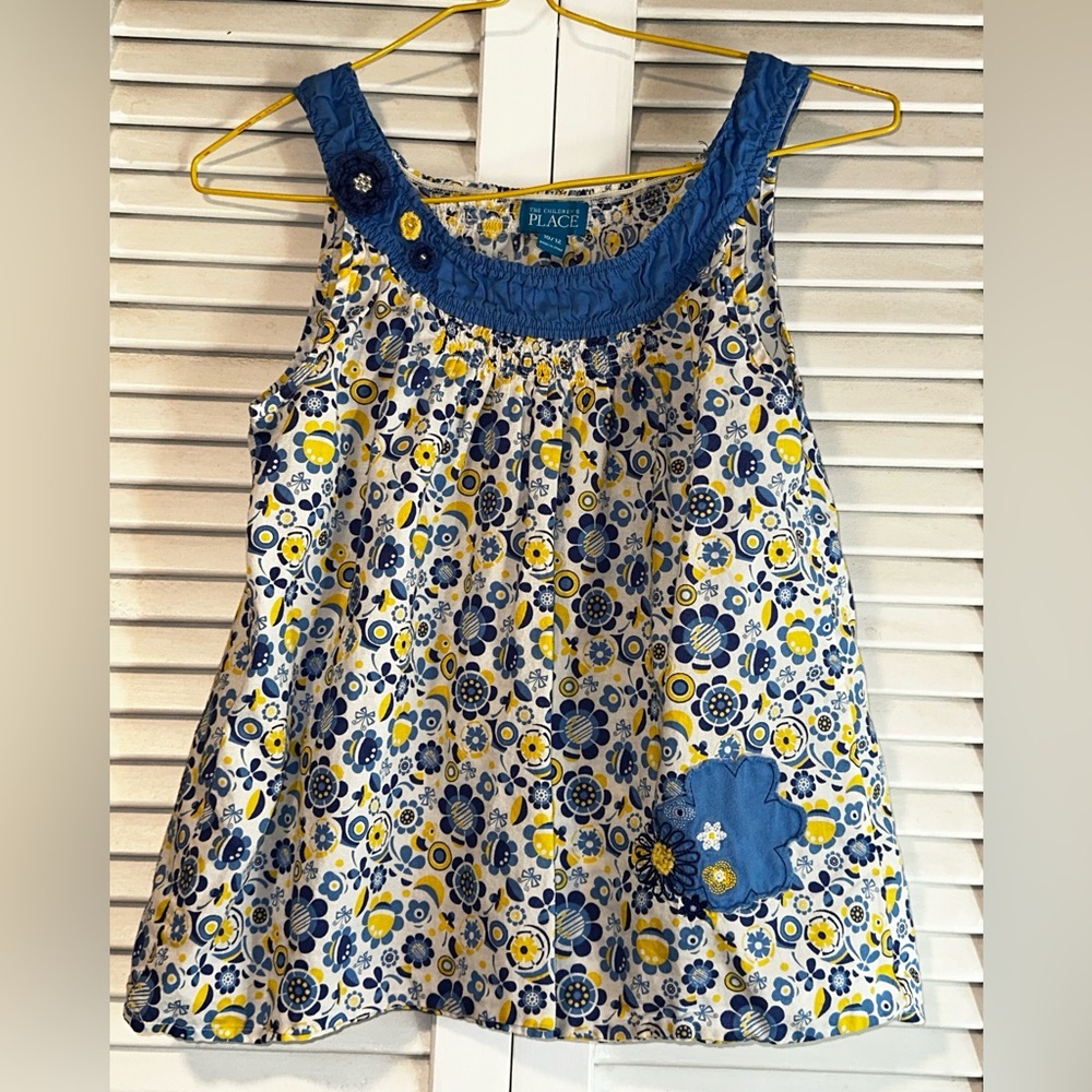 The Children’s Place Boho Floral Sleeveless Smock Top Blue White Girls L 10/12